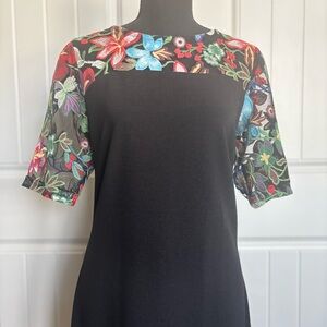 Nina Leonard Black Midi Dress with Floral Sleeves